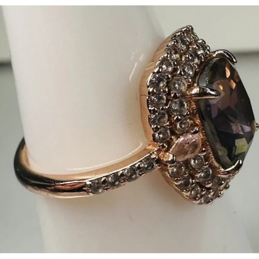 Bomb Party Ring Size 6 Rose Gold Smoky Lavender Cushion Halo Statement Ring